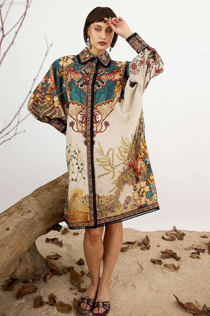 Teal & Beige Linen Printed Shirt Cocktail Dress by Rajdeep Ranawat at Pernia's Pop Up Shop