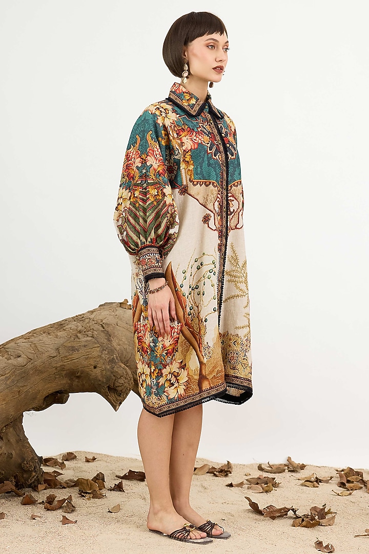Teal & Beige Linen Printed Shirt Cocktail Dress by Rajdeep Ranawat at Pernia's Pop Up Shop