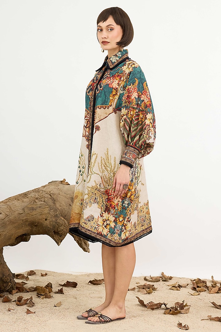 Teal & Beige Linen Printed Shirt Cocktail Dress by Rajdeep Ranawat at Pernia's Pop Up Shop