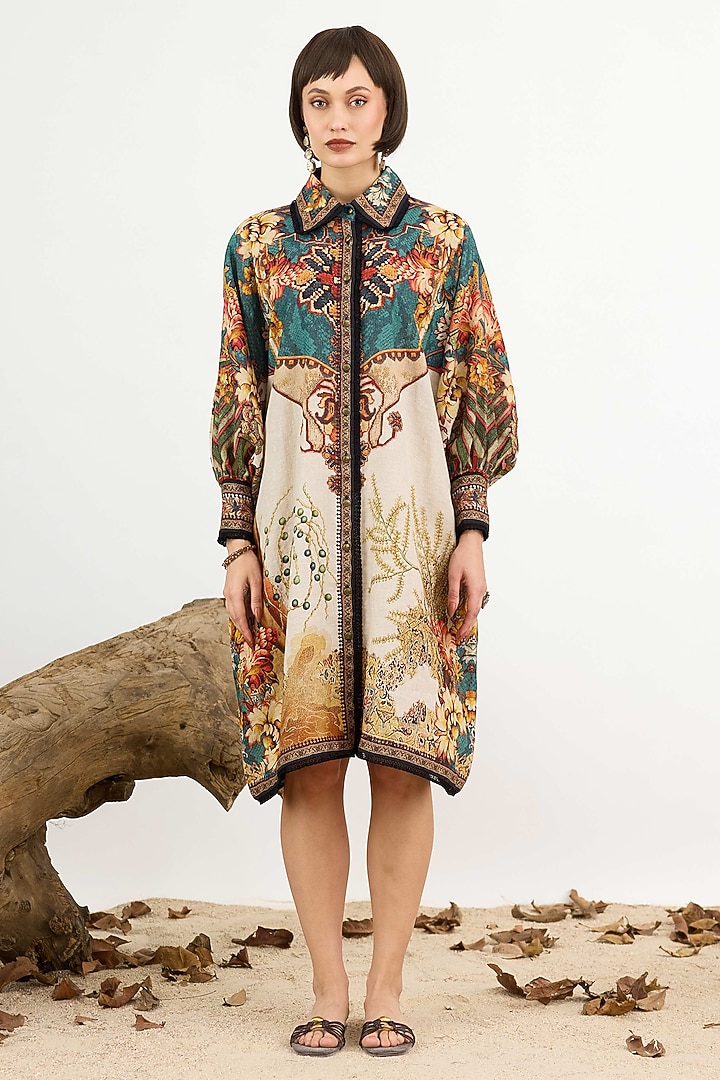 Teal & Beige Linen Printed Shirt Cocktail Dress by Rajdeep Ranawat at Pernia's Pop Up Shop
