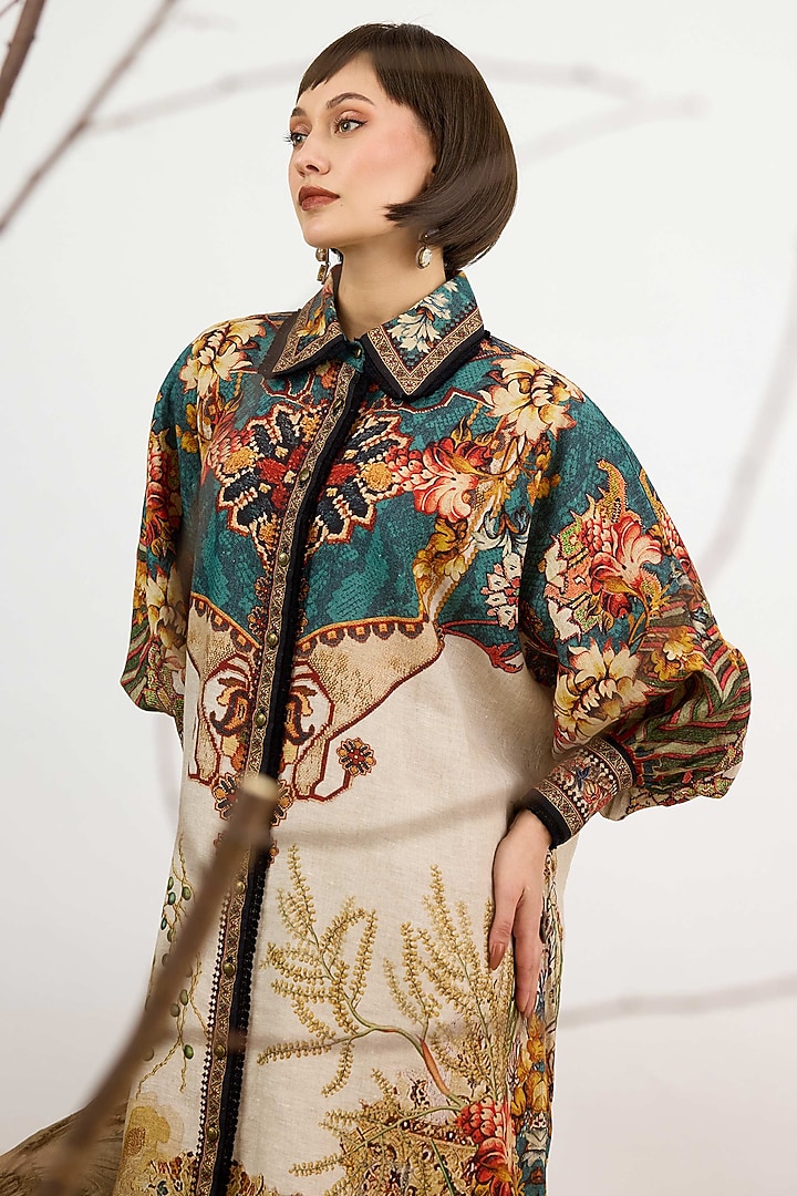Teal & Beige Linen Printed Shirt Cocktail Dress by Rajdeep Ranawat at Pernia's Pop Up Shop