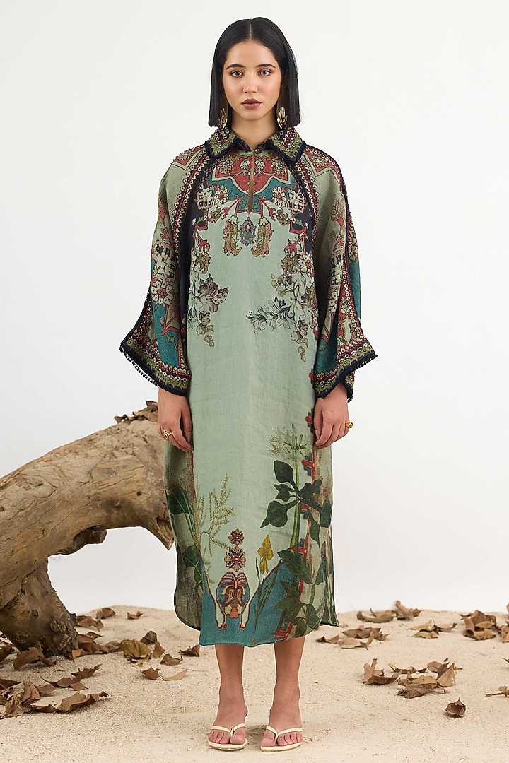 Teal & Blue Linen Printed Cocktail Dress by Rajdeep Ranawat at Pernia's Pop Up Shop
