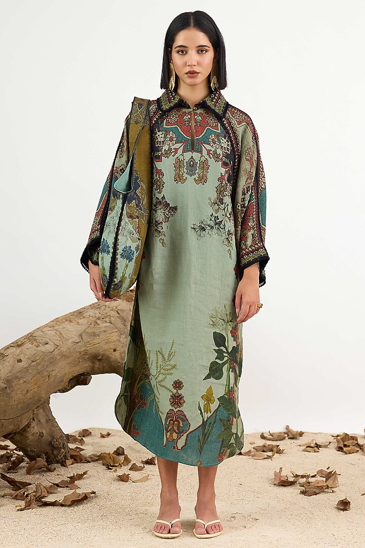 Teal & Blue Linen Printed Cocktail Dress by Rajdeep Ranawat at Pernia's Pop Up Shop
