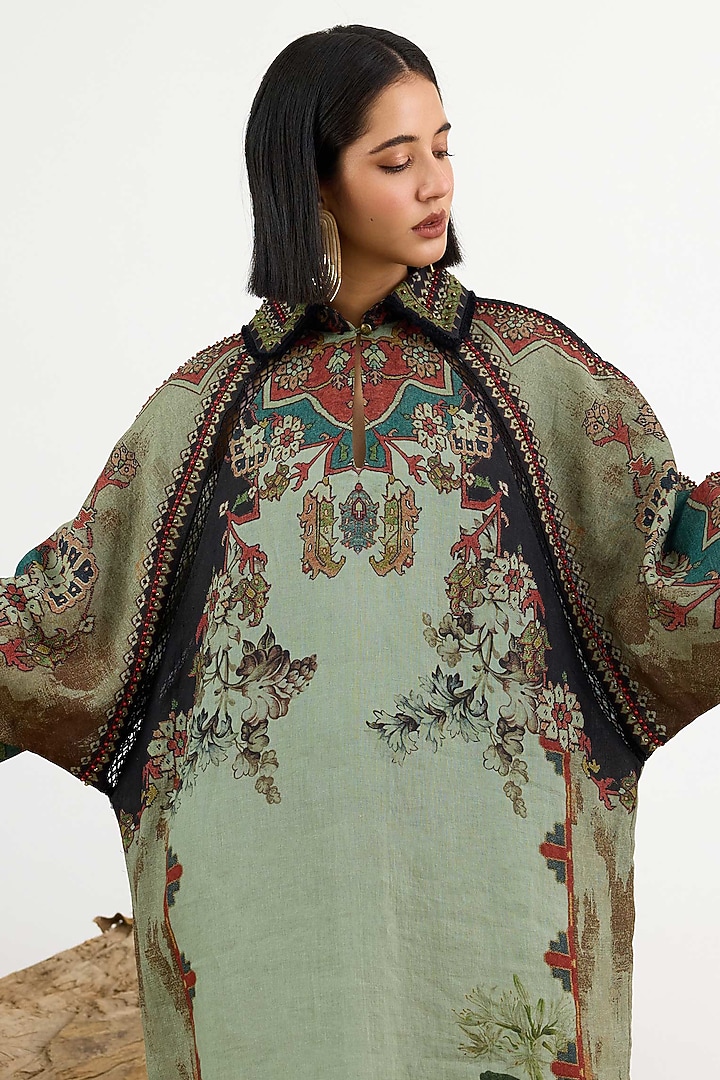 Teal & Blue Linen Printed Cocktail Dress by Rajdeep Ranawat at Pernia's Pop Up Shop