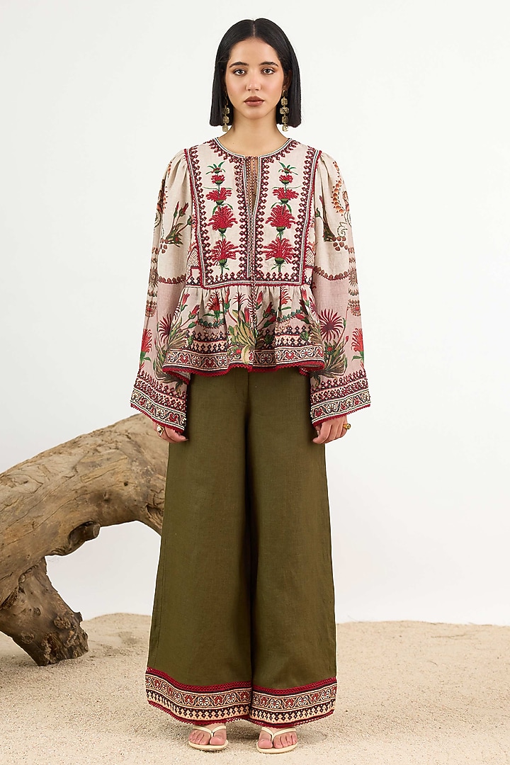 Beige Linen Printed Top by Rajdeep Ranawat at Pernia's Pop Up Shop