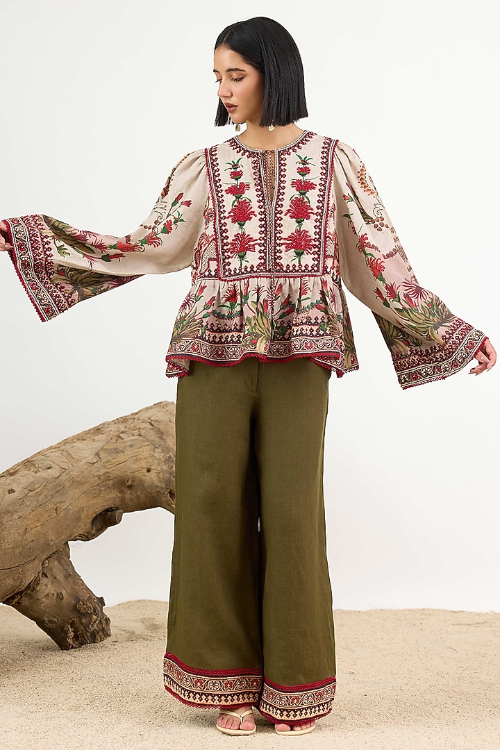 Beige Linen Printed Top by Rajdeep Ranawat at Pernia's Pop Up Shop
