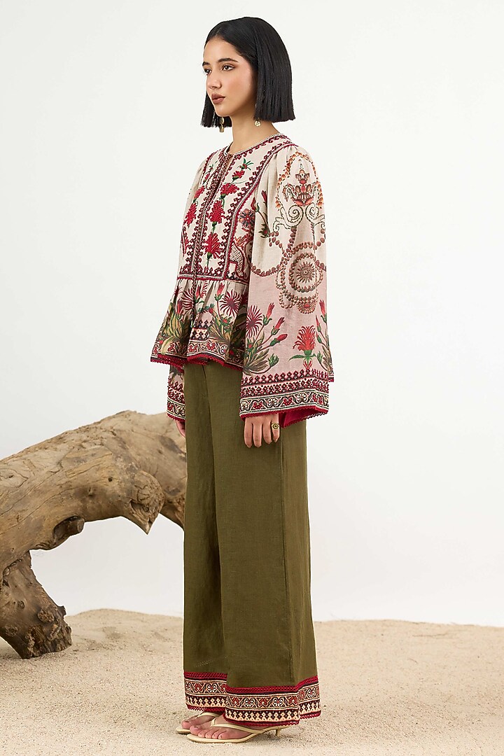 Beige Linen Printed Top by Rajdeep Ranawat at Pernia's Pop Up Shop