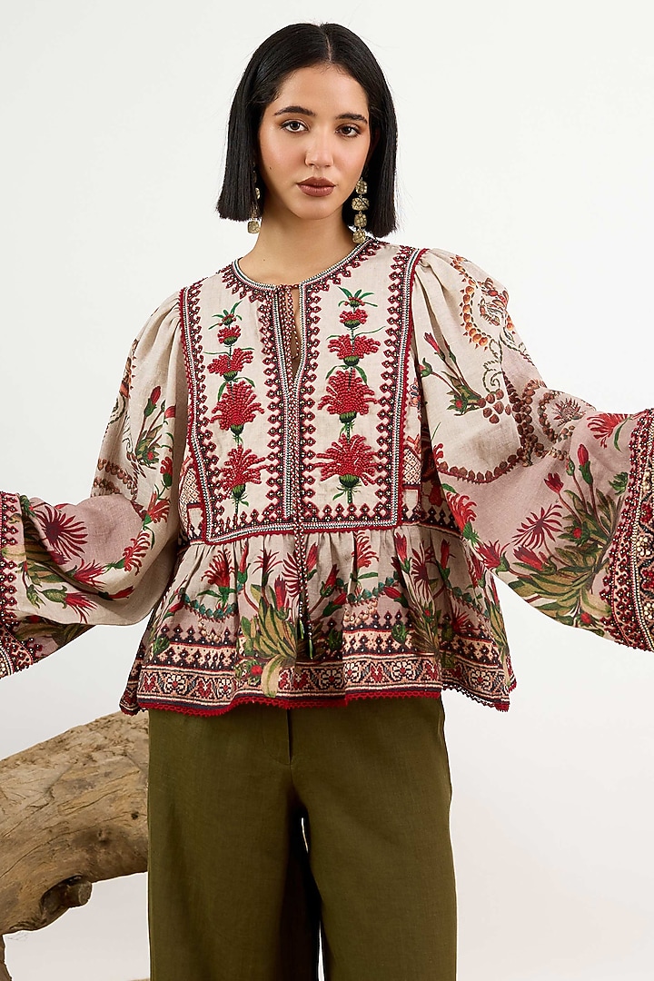 Beige Linen Printed Top by Rajdeep Ranawat at Pernia's Pop Up Shop