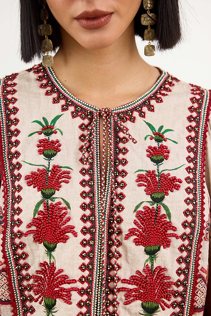 Beige Linen Printed Top by Rajdeep Ranawat at Pernia's Pop Up Shop