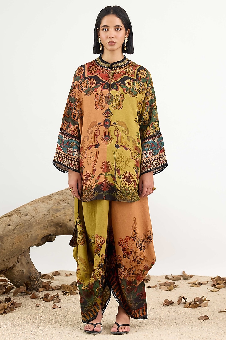 Caramel & Anise Linen Printed Dhoti Pants by Rajdeep Ranawat at Pernia's Pop Up Shop