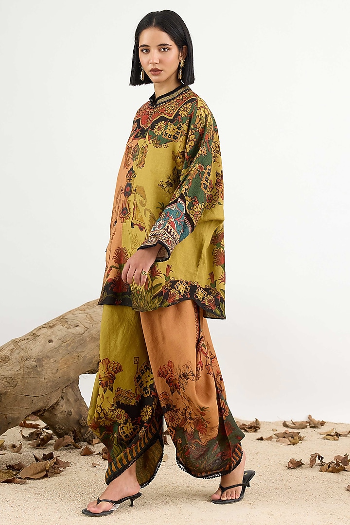Caramel & Anise Linen Printed Dhoti Pants by Rajdeep Ranawat at Pernia's Pop Up Shop