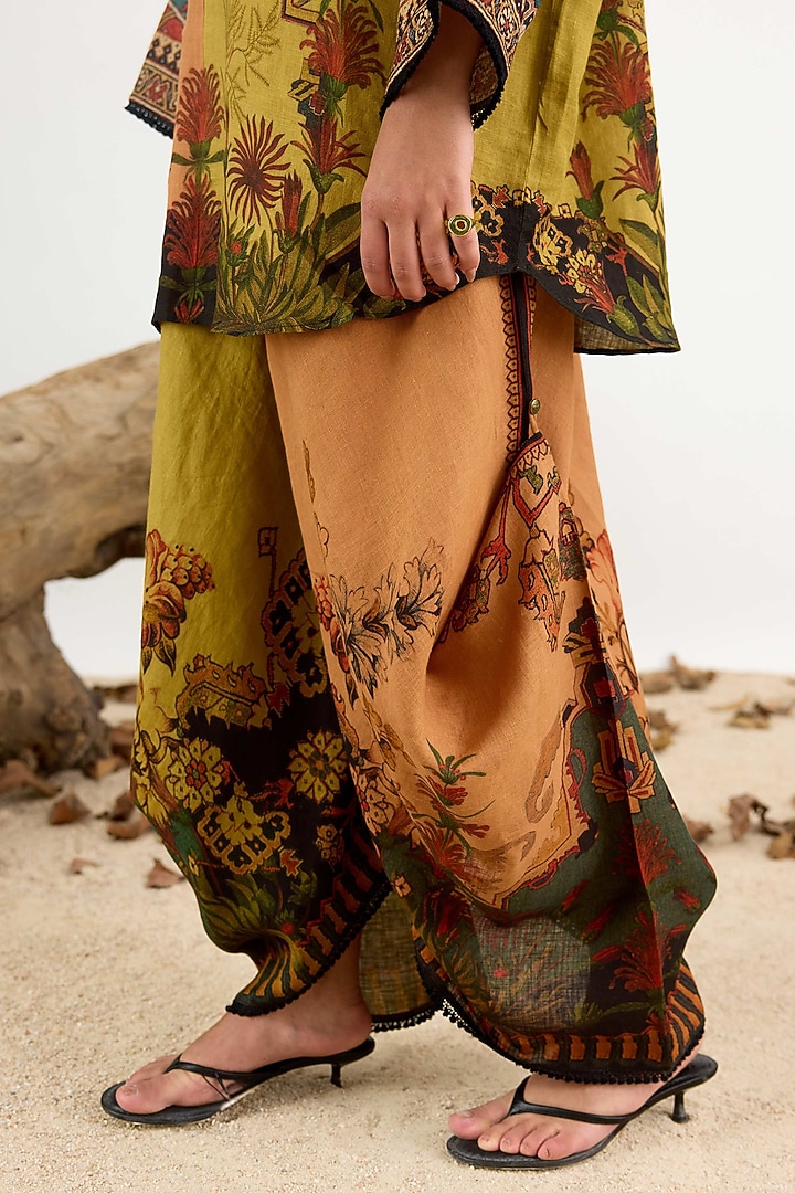 Caramel & Anise Linen Printed Dhoti Pants by Rajdeep Ranawat at Pernia's Pop Up Shop