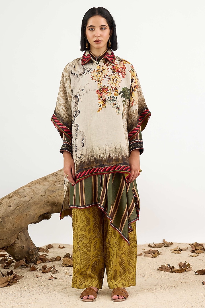 Beige Linen Printed High-Low Tunic by Rajdeep Ranawat at Pernia's Pop Up Shop
