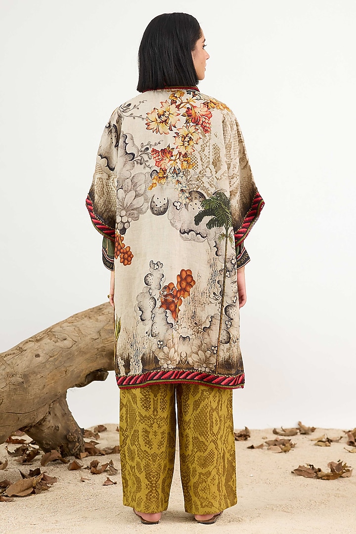Beige Linen Printed High-Low Tunic by Rajdeep Ranawat at Pernia's Pop Up Shop