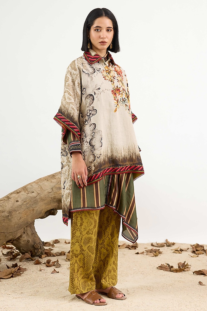 Beige Linen Printed High-Low Tunic by Rajdeep Ranawat at Pernia's Pop Up Shop