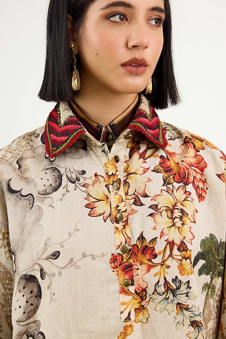 Beige Linen Printed High-Low Tunic by Rajdeep Ranawat at Pernia's Pop Up Shop