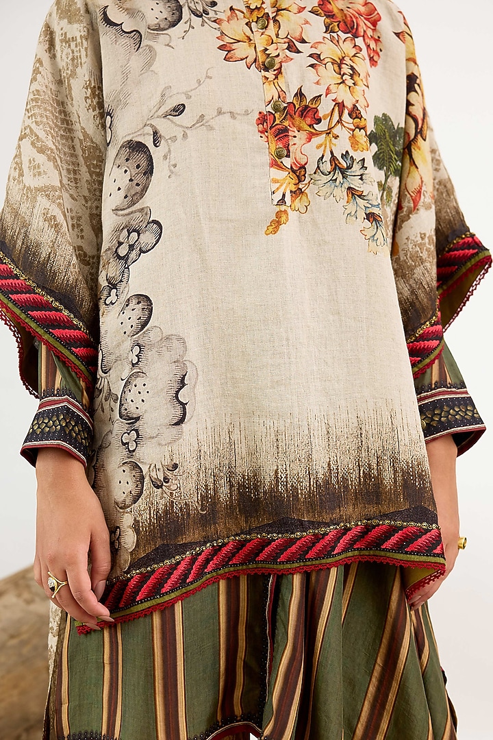 Beige Linen Printed High-Low Tunic by Rajdeep Ranawat at Pernia's Pop Up Shop