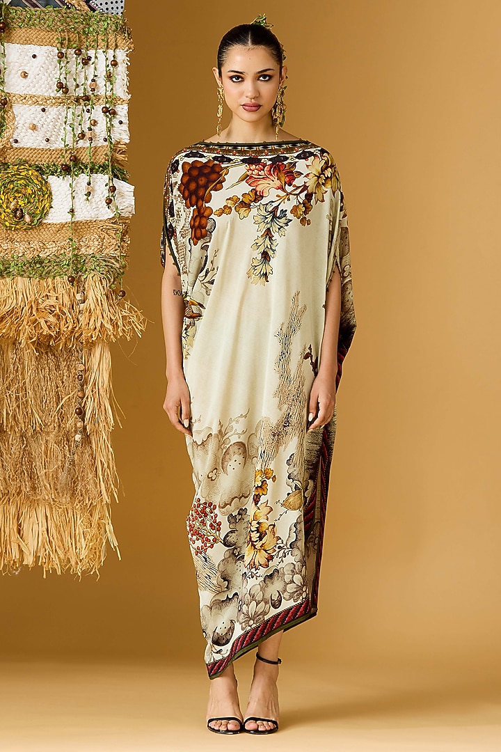 Beige & Red Crepe Printed Draped Tunic by Rajdeep Ranawat at Pernia's Pop Up Shop