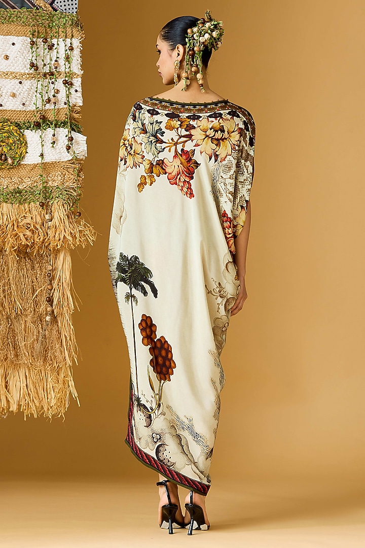 Beige & Red Crepe Printed Draped Tunic by Rajdeep Ranawat at Pernia's Pop Up Shop