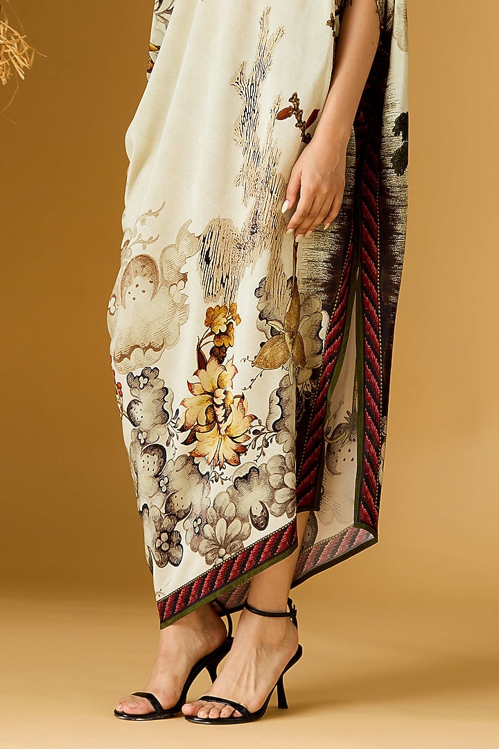 Beige & Red Crepe Printed Draped Tunic by Rajdeep Ranawat at Pernia's Pop Up Shop
