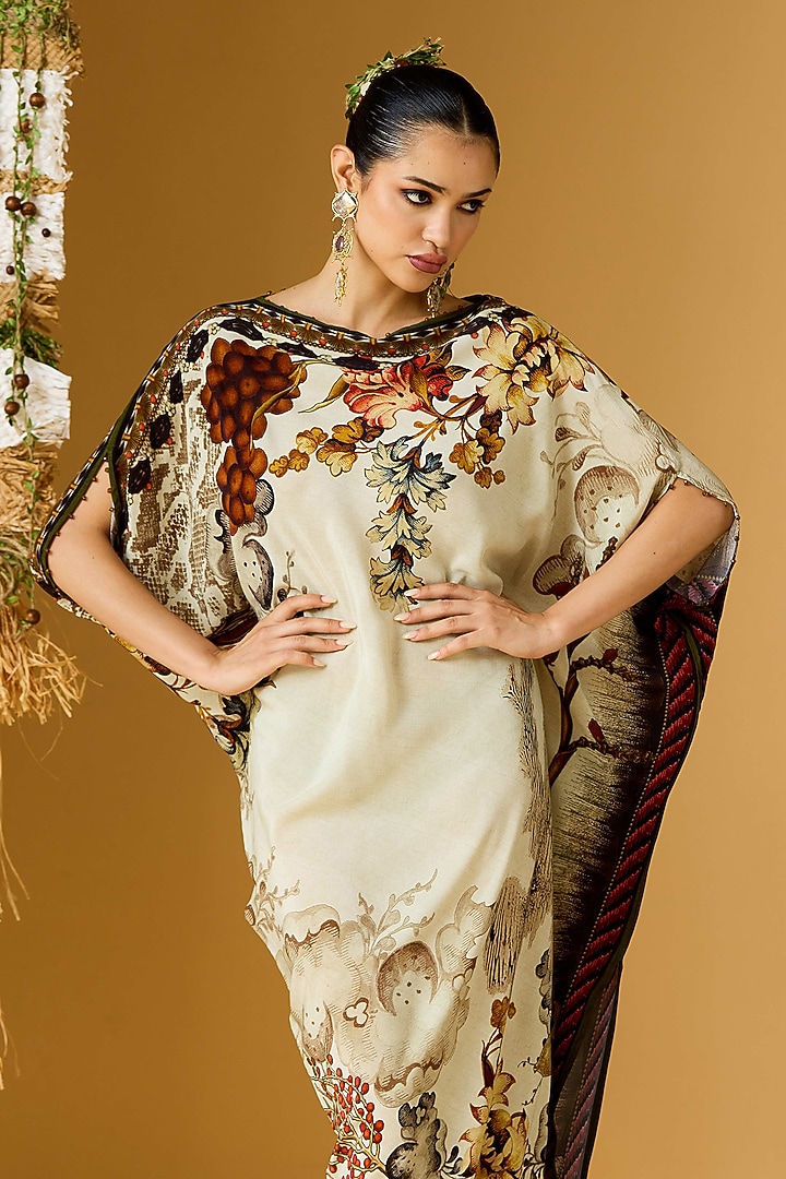 Beige & Red Crepe Printed Draped Tunic by Rajdeep Ranawat at Pernia's Pop Up Shop