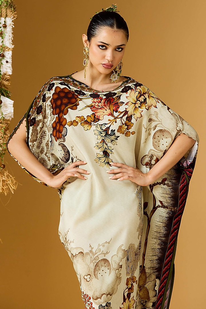 Beige & Red Crepe Printed Draped Tunic by Rajdeep Ranawat at Pernia's Pop Up Shop
