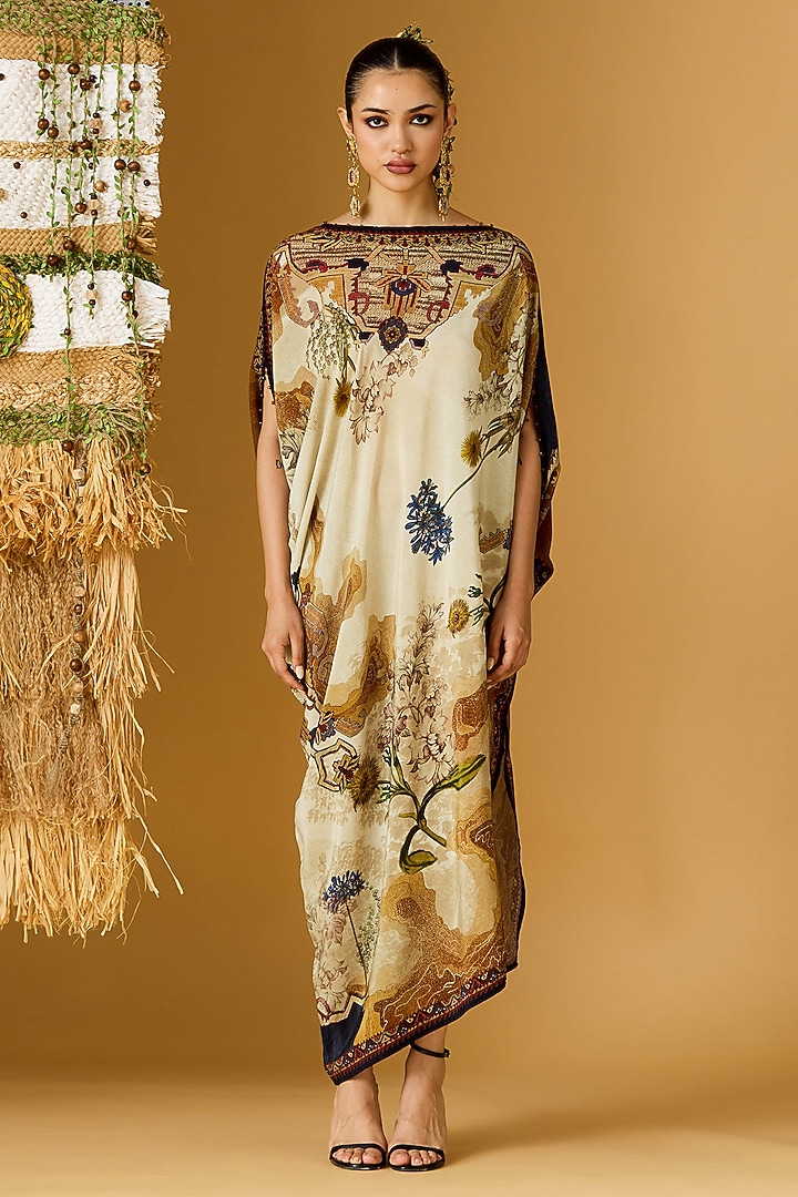 Beige & Caramel Crepe Printed Draped Tunic  by Rajdeep Ranawat at Pernia's Pop Up Shop