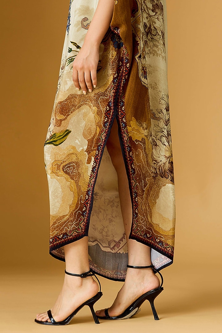 Beige & Caramel Crepe Printed Draped Tunic  by Rajdeep Ranawat at Pernia's Pop Up Shop