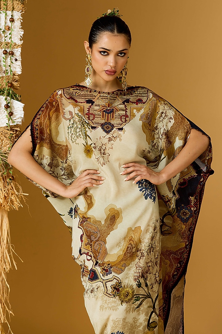 Beige & Caramel Crepe Printed Draped Tunic  by Rajdeep Ranawat at Pernia's Pop Up Shop