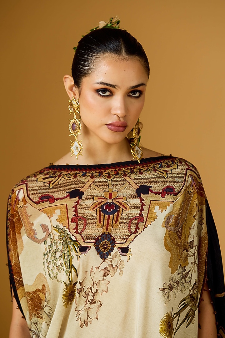 Beige & Caramel Crepe Printed Draped Tunic  by Rajdeep Ranawat at Pernia's Pop Up Shop