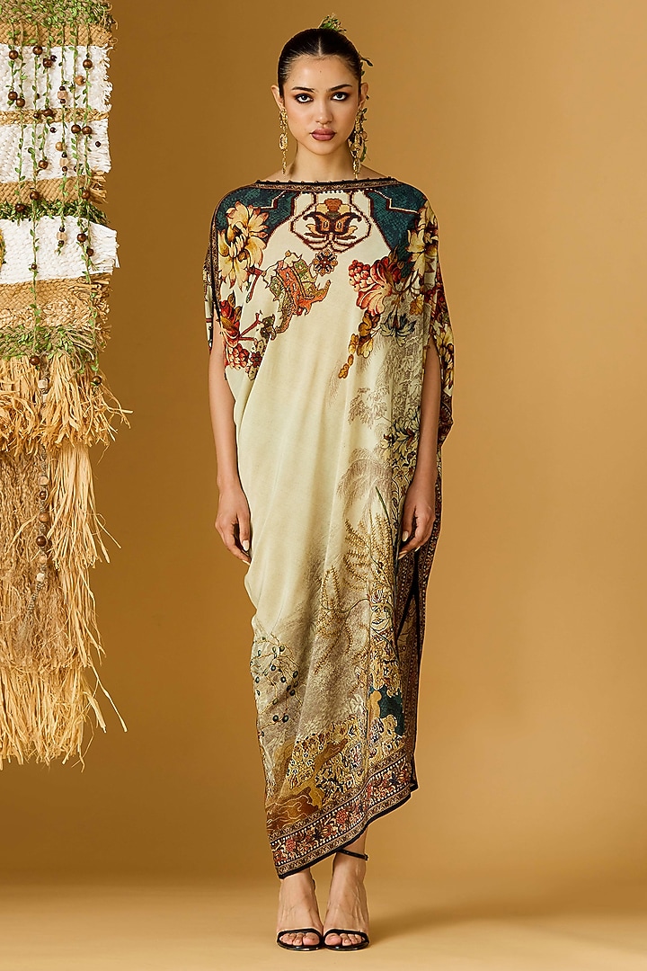 Beige & Teal Crepe Printed Draped Tunic  by Rajdeep Ranawat at Pernia's Pop Up Shop