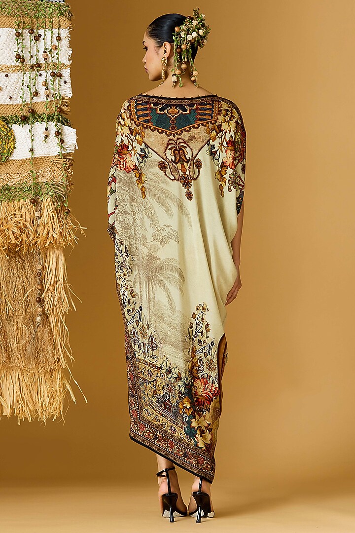 Beige & Teal Crepe Printed Draped Tunic  by Rajdeep Ranawat at Pernia's Pop Up Shop