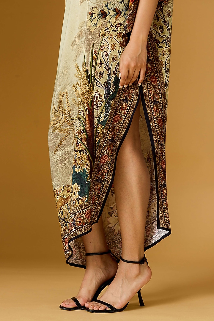 Beige & Teal Crepe Printed Draped Tunic  by Rajdeep Ranawat at Pernia's Pop Up Shop