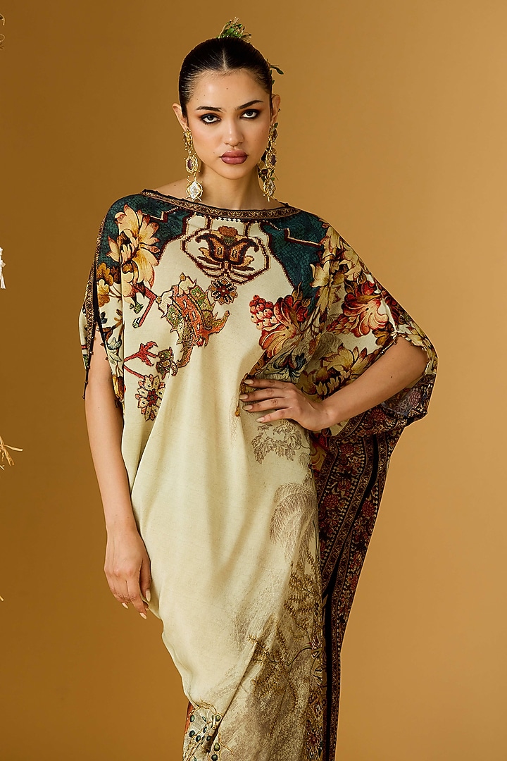 Beige & Teal Crepe Printed Draped Tunic  by Rajdeep Ranawat at Pernia's Pop Up Shop