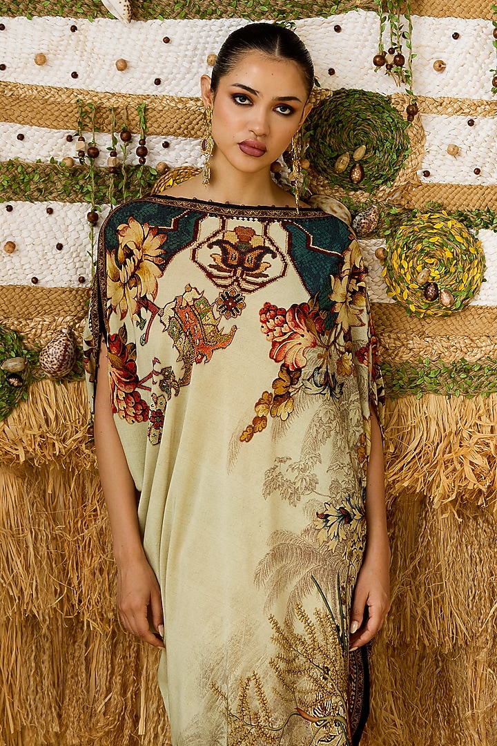 Beige & Teal Crepe Printed Draped Tunic  by Rajdeep Ranawat at Pernia's Pop Up Shop