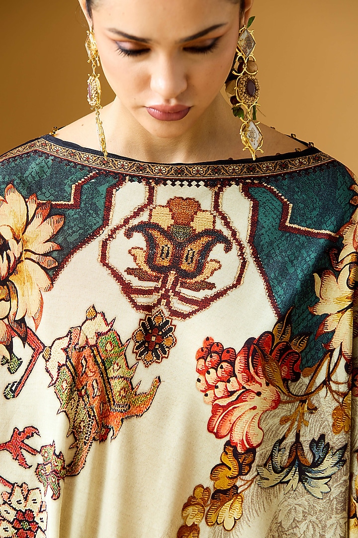 Beige & Teal Crepe Printed Draped Tunic  by Rajdeep Ranawat at Pernia's Pop Up Shop