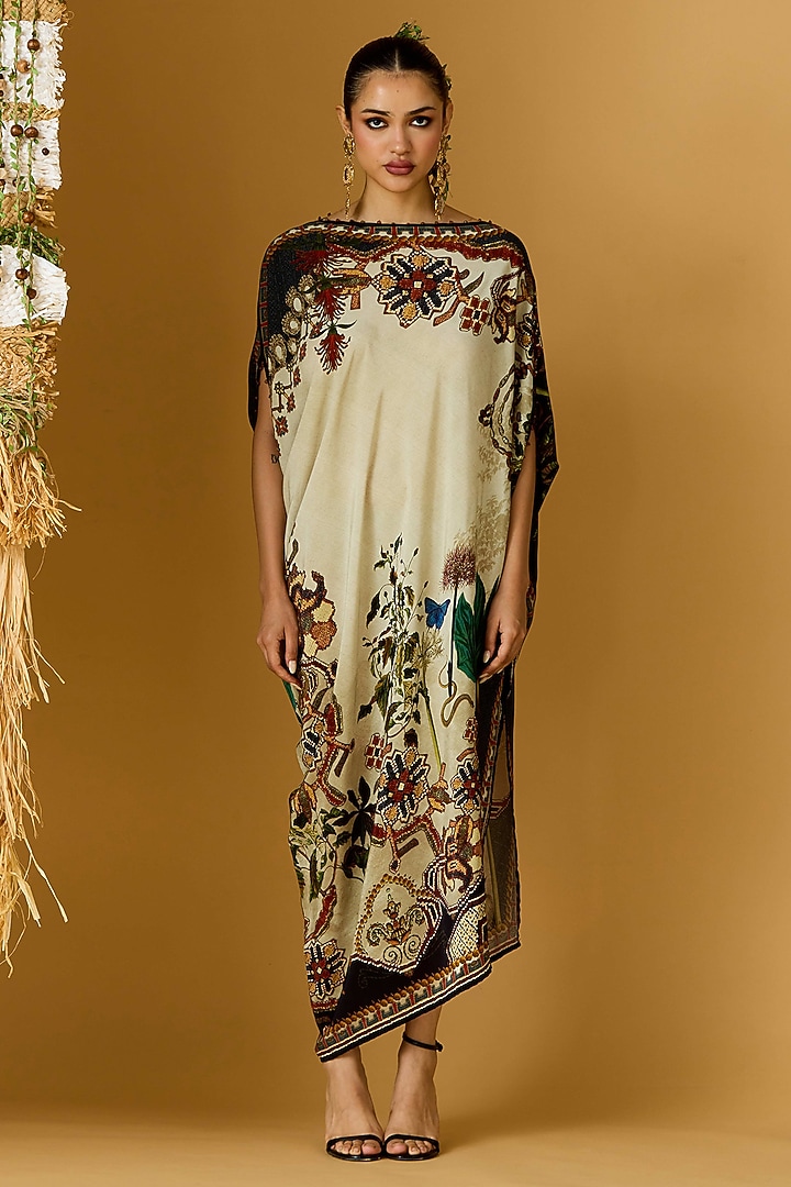 Beige & Duck Crepe Printed Draped Tunic  by Rajdeep Ranawat at Pernia's Pop Up Shop
