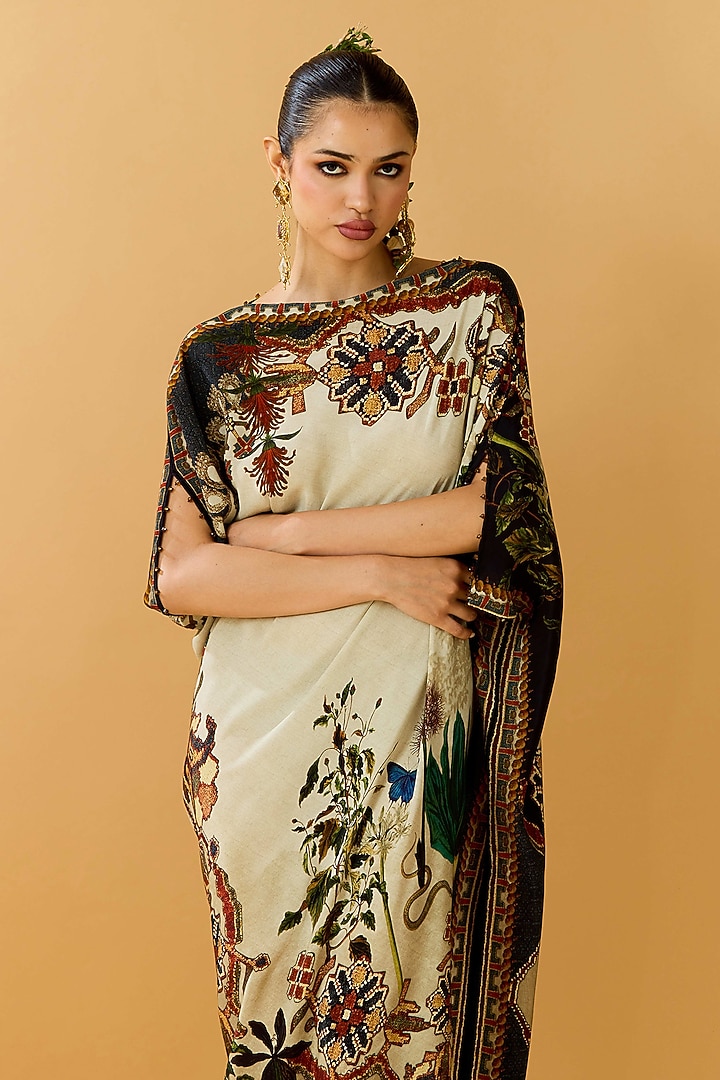 Beige & Duck Crepe Printed Draped Tunic  by Rajdeep Ranawat at Pernia's Pop Up Shop