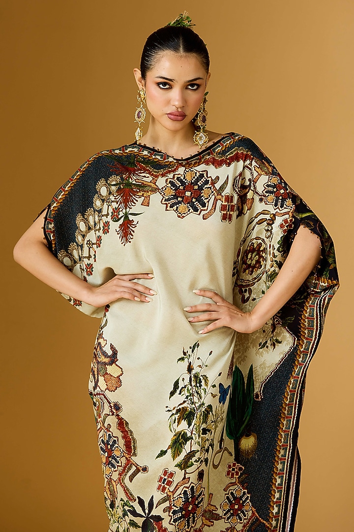 Beige & Duck Crepe Printed Draped Tunic  by Rajdeep Ranawat at Pernia's Pop Up Shop