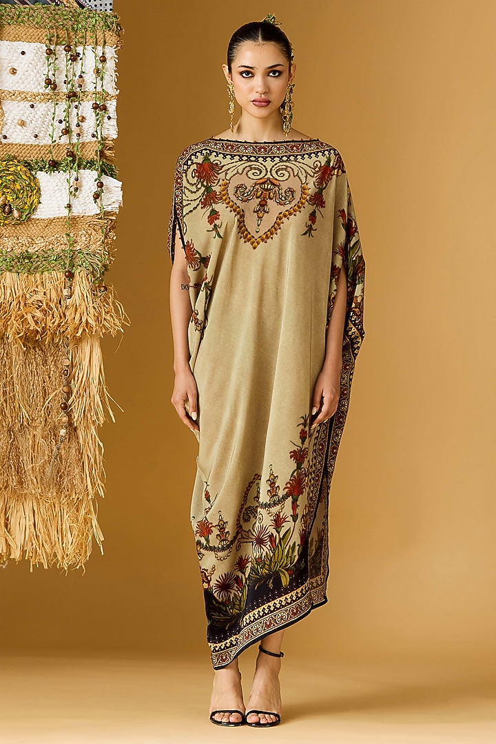 Sand & Beige Crepe Printed Draped Tunic  by Rajdeep Ranawat at Pernia's Pop Up Shop