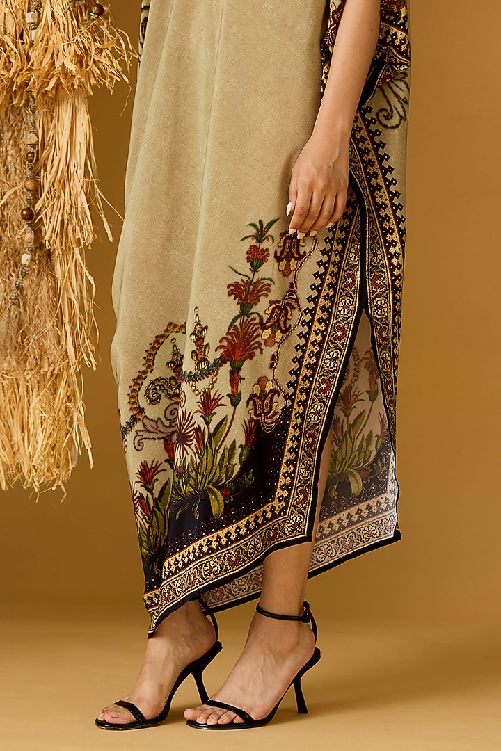 Sand & Beige Crepe Printed Draped Tunic  by Rajdeep Ranawat at Pernia's Pop Up Shop
