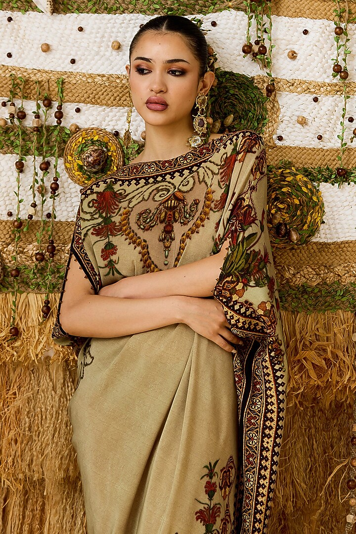 Sand & Beige Crepe Printed Draped Tunic  by Rajdeep Ranawat at Pernia's Pop Up Shop