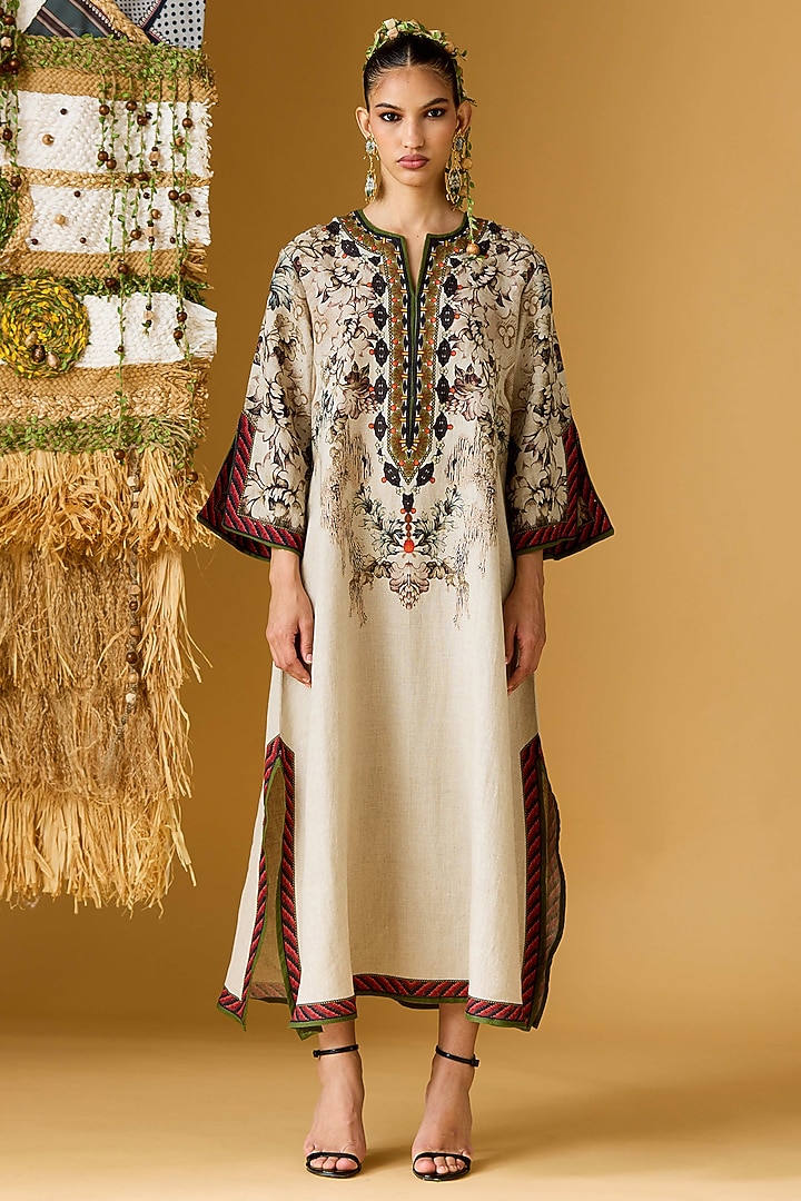 Beige & Red Linen Printed A-Line Vacation Dress by Rajdeep Ranawat at Pernia's Pop Up Shop