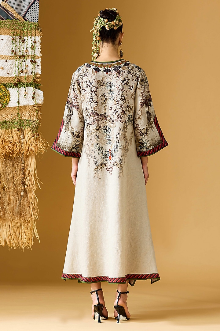 Beige & Red Linen Printed A-Line Vacation Dress by Rajdeep Ranawat at Pernia's Pop Up Shop