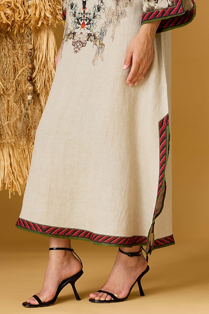 Beige & Red Linen Printed A-Line Vacation Dress by Rajdeep Ranawat at Pernia's Pop Up Shop