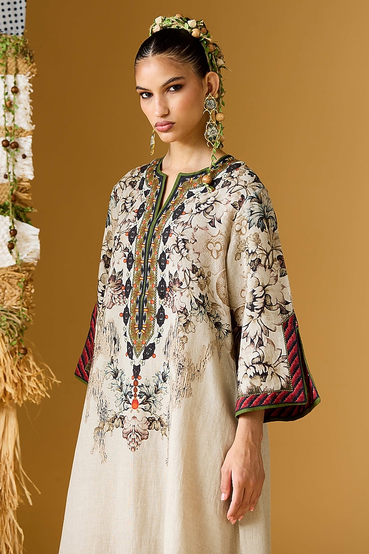 Beige & Red Linen Printed A-Line Vacation Dress by Rajdeep Ranawat at Pernia's Pop Up Shop