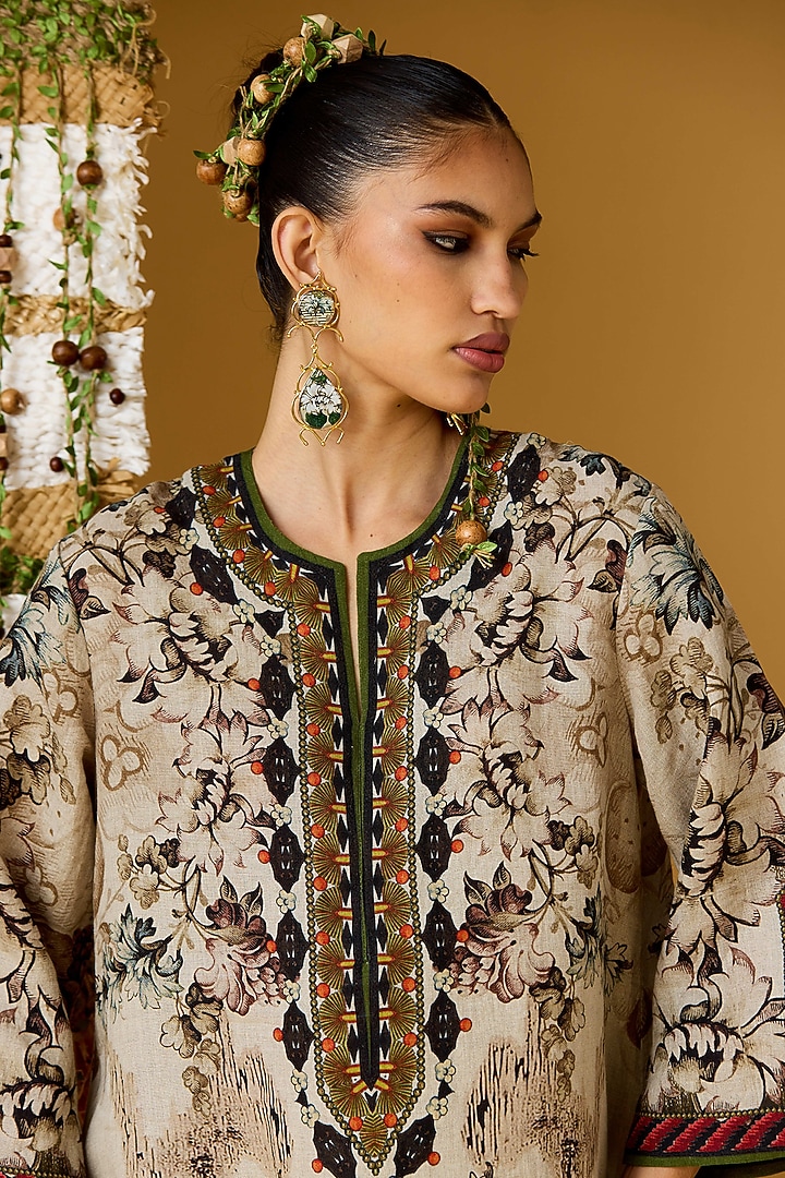 Beige & Red Linen Printed A-Line Vacation Dress by Rajdeep Ranawat at Pernia's Pop Up Shop