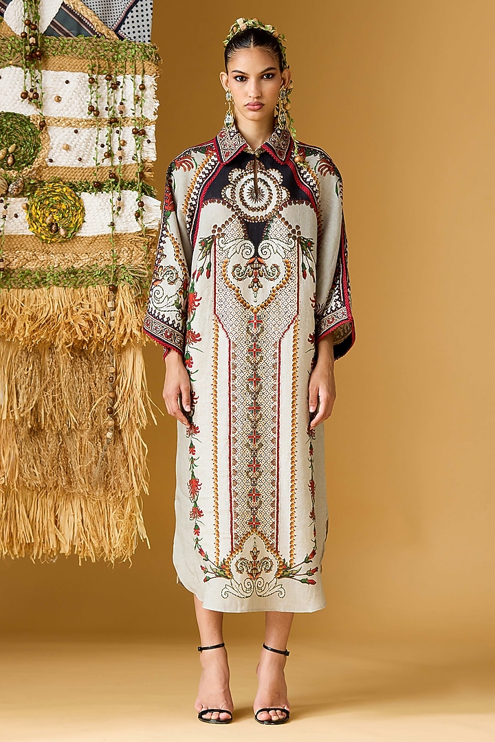 Taupe Linen Printed Midi Cocktail Dress by Rajdeep Ranawat at Pernia's Pop Up Shop