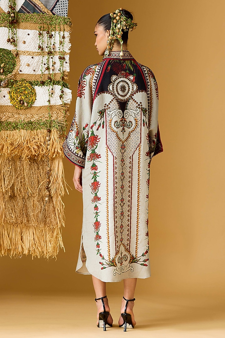 Taupe Linen Printed Midi Cocktail Dress by Rajdeep Ranawat at Pernia's Pop Up Shop