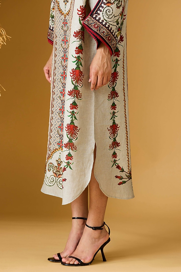 Taupe Linen Printed Midi Cocktail Dress by Rajdeep Ranawat at Pernia's Pop Up Shop